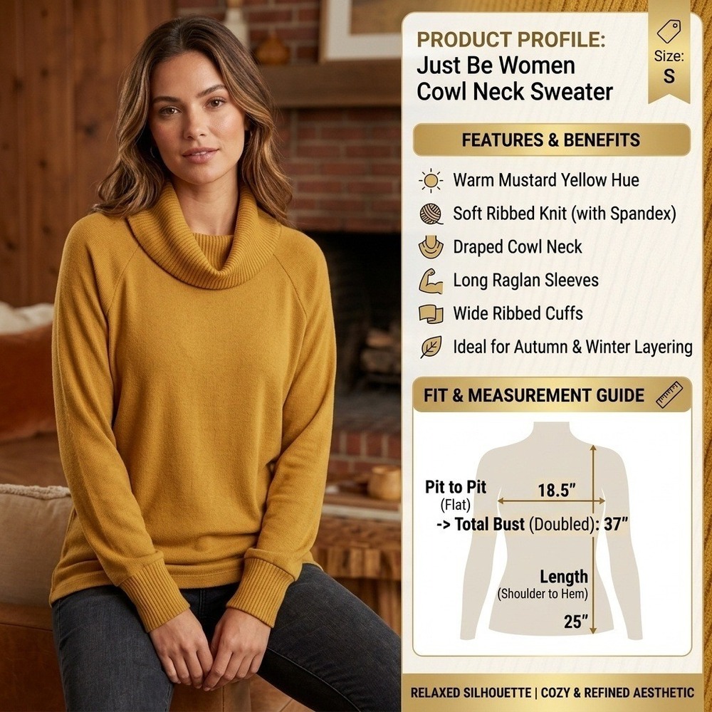 Just Be Women Mustard Yellow Cowl Neck Ribbed Knit Sweater Small Raglan Sleeve